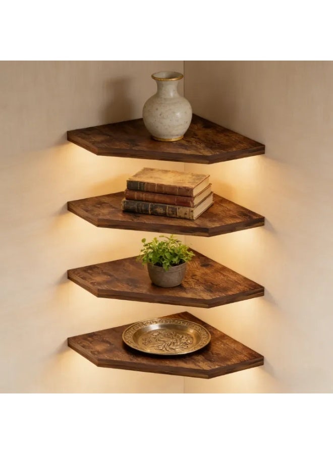 JJL Corner Wall Shelf, 10.4 Inch Wooden Corner Shelves, Set of 4 Floating Shelf for Wall Storage, Wall Mount Corner Shelves for Room Decoration, Rust Brown - Image 1