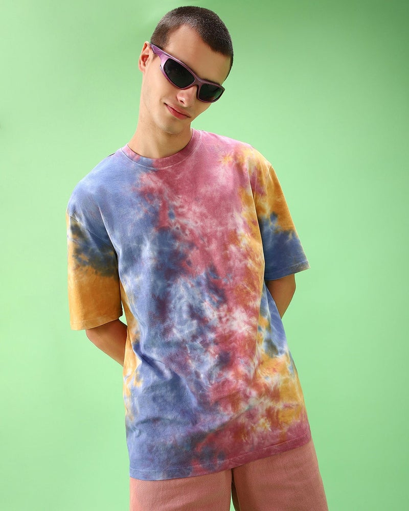 bewakoof Men's Blue & Pink Tie & Dye Oversized T-shirt - Image 1