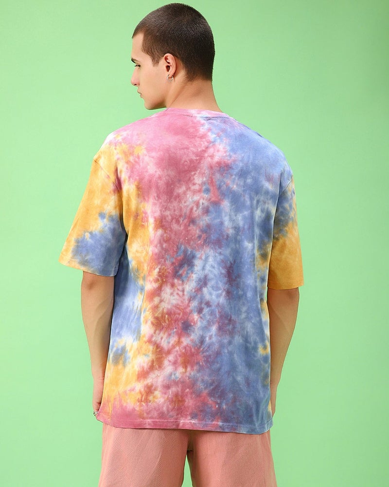 bewakoof Men's Blue & Pink Tie & Dye Oversized T-shirt - Image 4