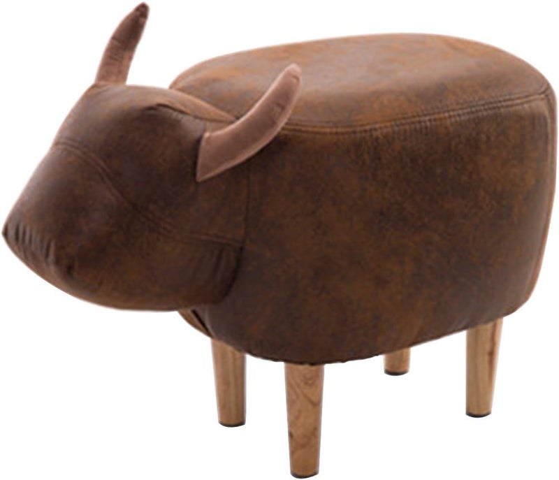 Decorative Buffalo Ottoman Footstool Cute Animal Upholstered Stool for Kids Wooden Footrest, Brown Long Legs
