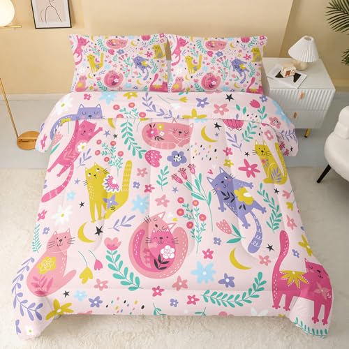 QOOMO Floral Cat Comforter Twin Size,Pink Cat Bedding Set for Kids Teens Girls,3Pcs Bedding Set Printed Comforter with 2 Pillowcases,Down Alternative,Soft and Lightweight(Pink，Twin Size) - Image 2