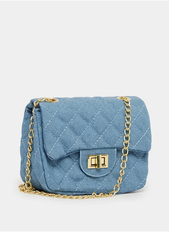 Styli Quilted Denim Shoulder Bag with Chain Strap