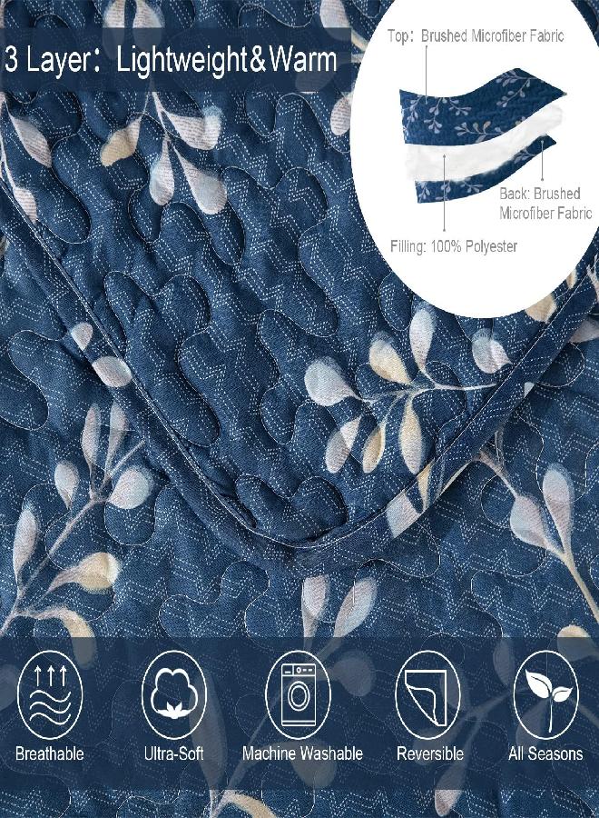 Exclusivo Mezcla Microfiber Queen Size Quilt Set for All Seasons, 3 Piece Flower Pattern Bedspreads Coverlet Set with 2 Shams, Lightweight and Soft Bedding Set, (92"x 96", Navy) - Image 3