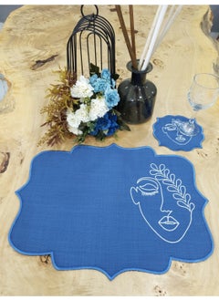 Tanem Home Face Pattern Linen Fabric Embroidered Placemat Set Plate Coaster, Coaster Blue 