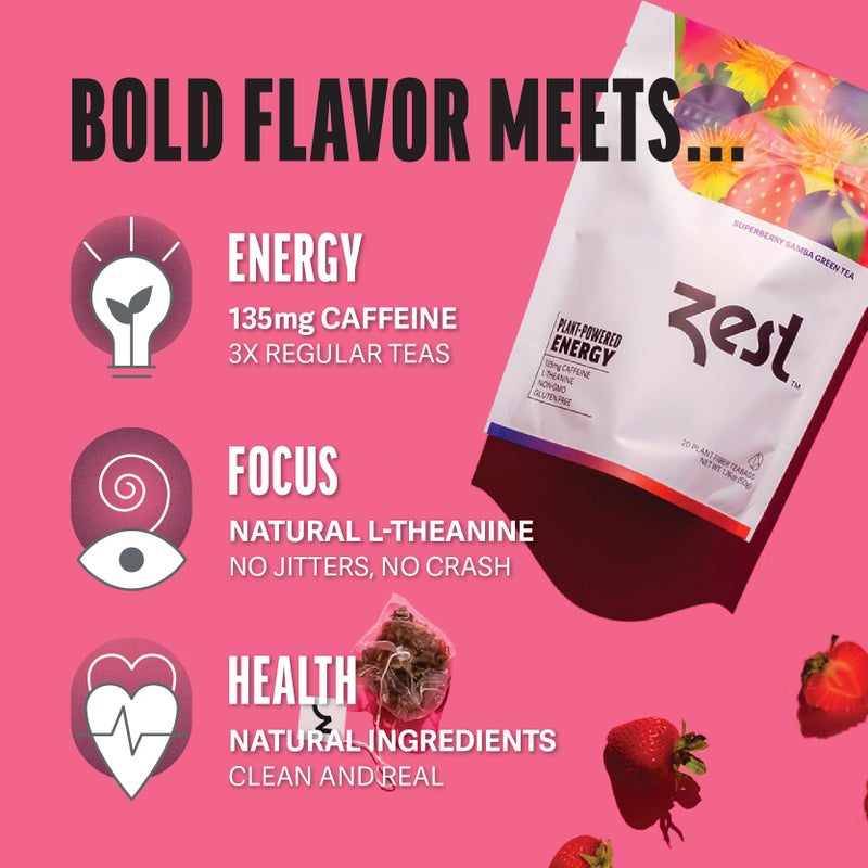 Zest Energy Green Tea - Superberry Samba - High Caffeine Strawberry, Acai, & Passion Fruit Tea - Caffeinated Coffee Altnernative with Antioxidants - Natural, Non-GMO & Keto - 20Ct Pack - 135mg Caf - Image 4