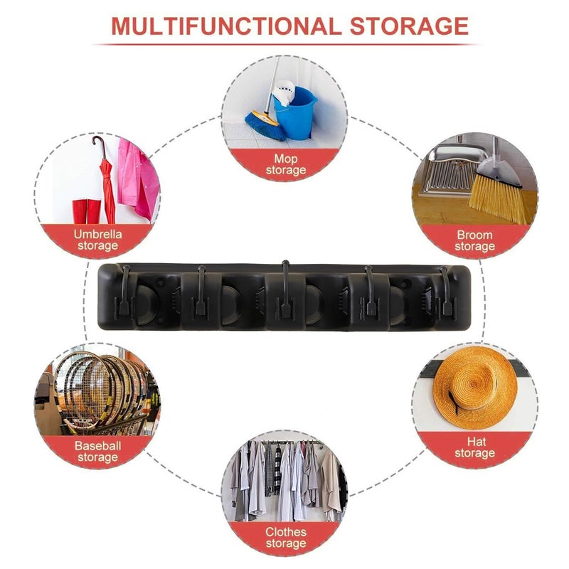 Kuber Industries Mop and Broom Holder Wall Mounted BroomMop Holder BroomMop Organizer for HomeGarden Wall Mount Organizer 4 Position and 5 Hooks HJH04HKBLK Black - Image 5