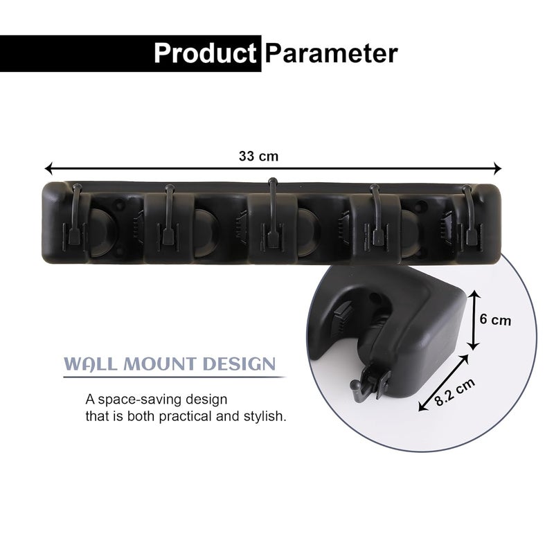 Kuber Industries Mop and Broom Holder Wall Mounted BroomMop Holder BroomMop Organizer for HomeGarden Wall Mount Organizer 4 Position and 5 Hooks HJH04HKBLK Black - Image 3