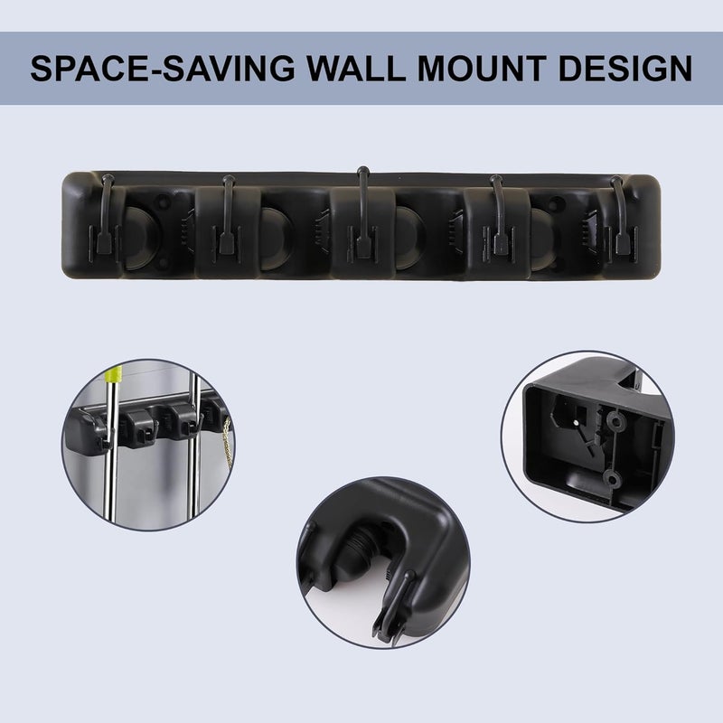 Kuber Industries Mop and Broom Holder Wall Mounted BroomMop Holder BroomMop Organizer for HomeGarden Wall Mount Organizer 4 Position and 5 Hooks HJH04HKBLK Black - Image 4