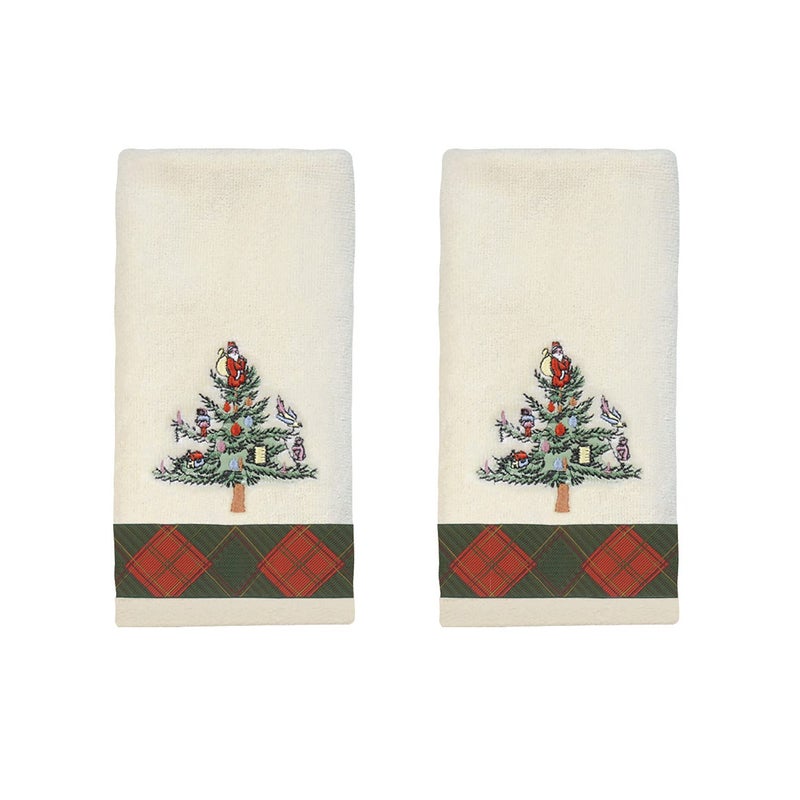 Spode Fingertip Towels Soft Absorbent Cotton Set of 2 Spode Christmas Tree Tartan Collection
