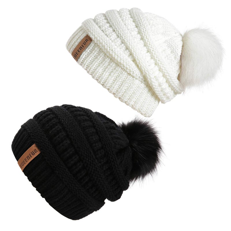 QUEENFUR Women Knit Slouchy Beanie Chunky Baggy Hat with Faux Fur Pompom Winter Soft Warm Ski Cap - Image 1