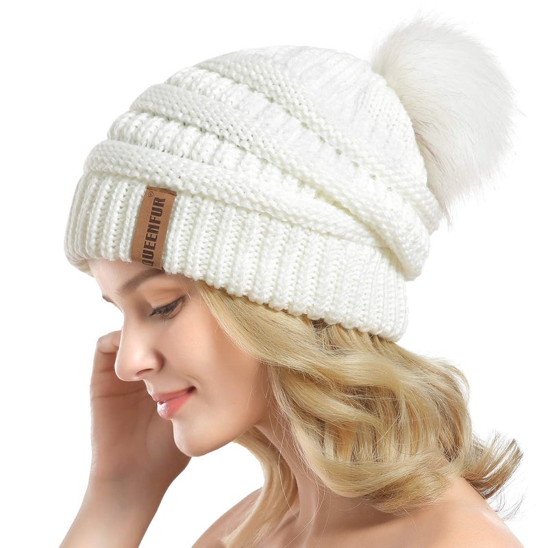 QUEENFUR Women Knit Slouchy Beanie Chunky Baggy Hat with Faux Fur Pompom Winter Soft Warm Ski Cap - Image 3