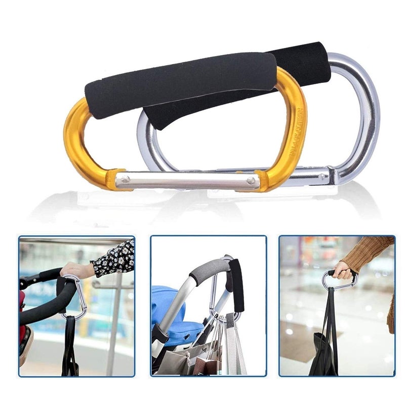 Large Stroller Hooks for Mommy 2 pcs Carabiner Stroller Hook Organizer for Hanging Purses Diaper Bag Shopping Bags Clip Fits SingleTwin Travel Systems Car Seats SilverGolden Yellow
