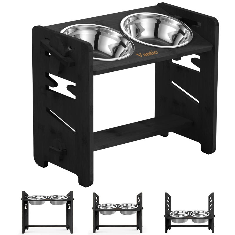 Vantic Elevated Dog Bowls, Adjustable Raised Dog Bowl Stand for Medium Sized Pet, Sturdy Bamboo Food Feeder with 2 Stainless Steel Dishes, Black - Image 1