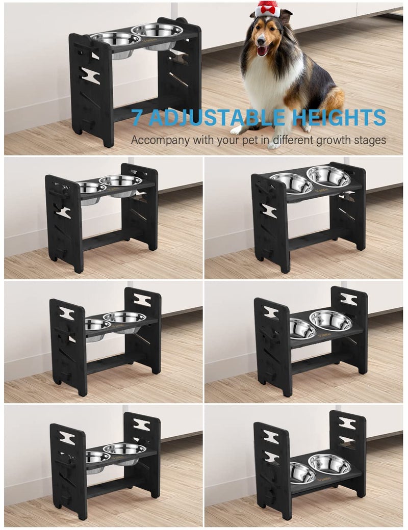 Vantic Elevated Dog Bowls, Adjustable Raised Dog Bowl Stand for Medium Sized Pet, Sturdy Bamboo Food Feeder with 2 Stainless Steel Dishes, Black - Image 3