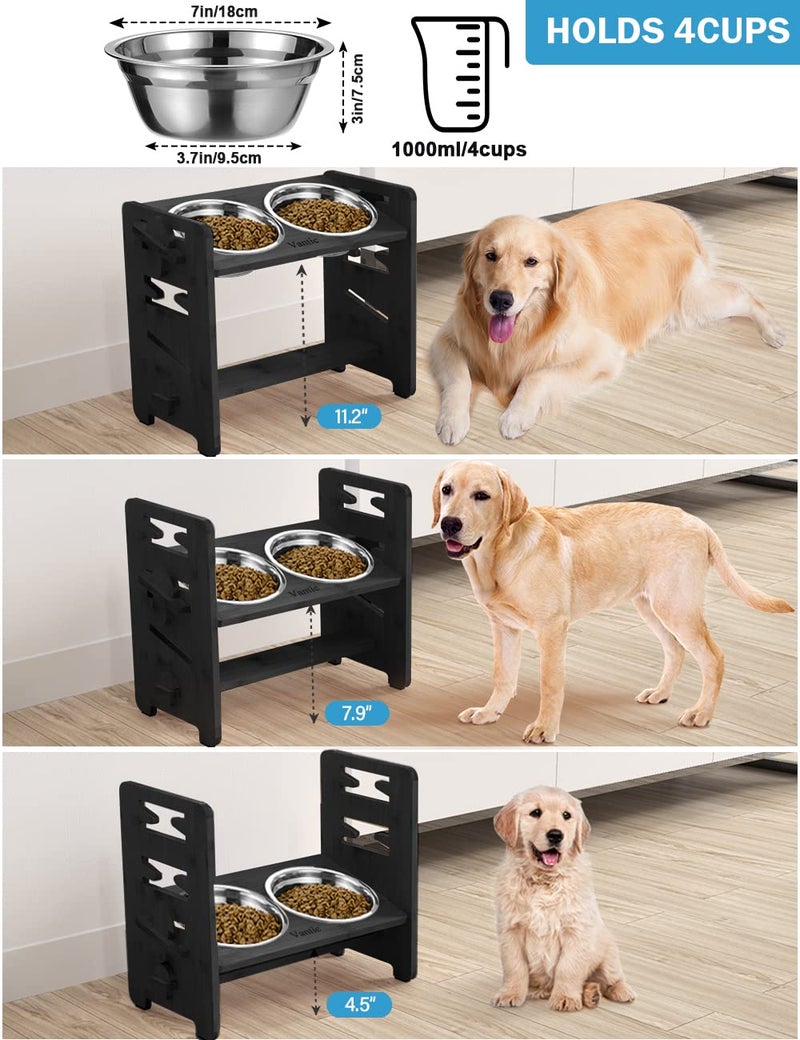 Vantic Elevated Dog Bowls, Adjustable Raised Dog Bowl Stand for Medium Sized Pet, Sturdy Bamboo Food Feeder with 2 Stainless Steel Dishes, Black - Image 2