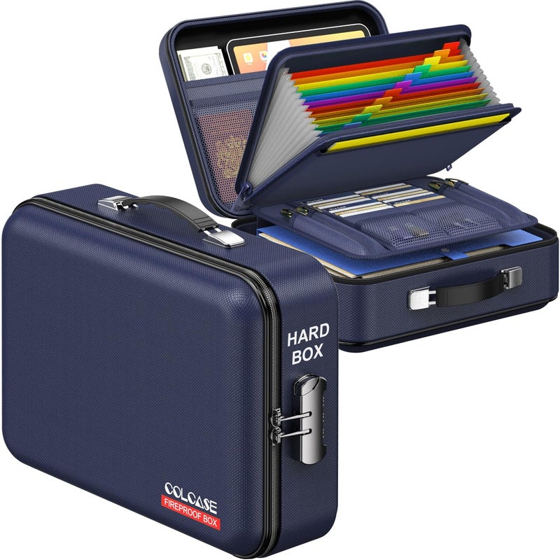 COLCASE Fireproof File Box Hard Case Fireproof Document Organizer with Lock HardShell Design Fireproof Water Resistant Safe Box for Important Documents Certificates Laptop Passports Blue