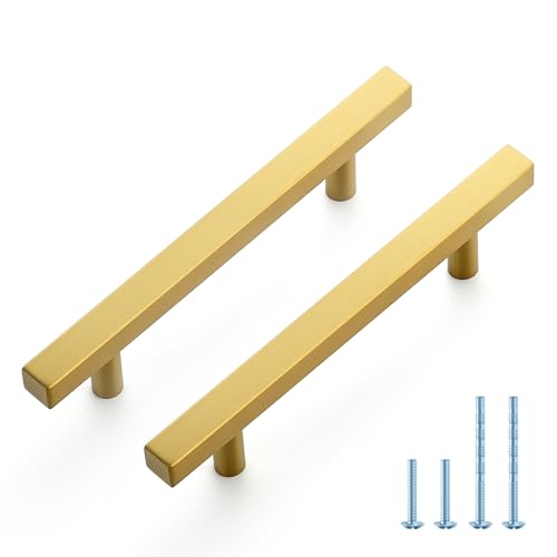JOY DECOR 10 Pack 4 Inch Brushed Brass Square Cabinet Handles Stainless Steel Cabinet Hardware Pulls for Kitchen and Drawers with 625 Inch Overall Length - Image 1