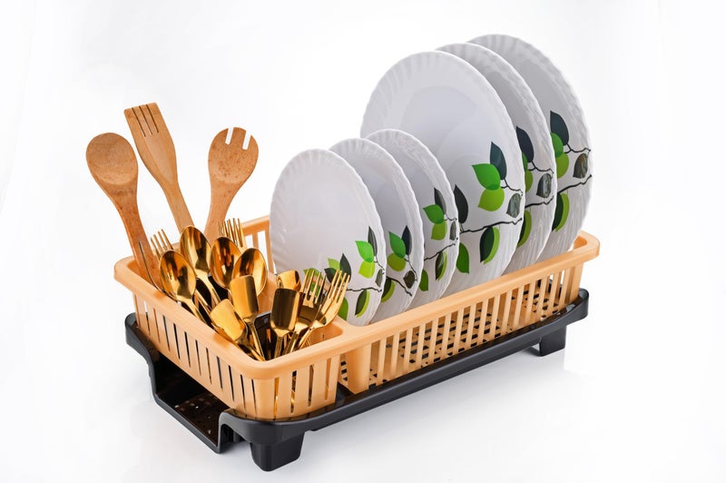 Clazkit Dish Drying Rack – 3 in 1 Durable Plastic Utensil Basket with Spoon Holder & Removable Dish Drainer Tray | Unbreakable Kitchen Organizer (Golden) - Image 1