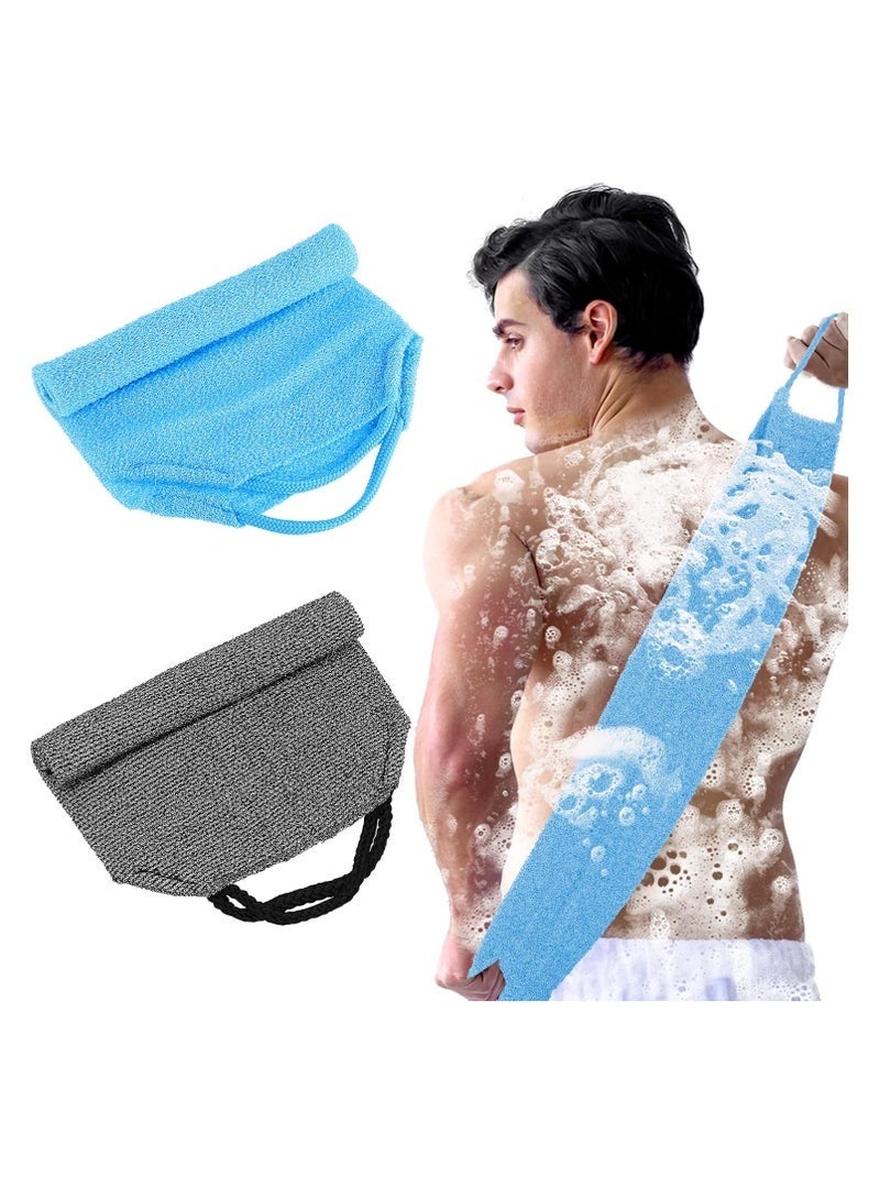 يلا جوي 4 قطع من فرشاة تقشير الظهر بمقابض، ليفة استحمام من النايلون بطول ممتد لتقشير الجسم، حزام غسيل قابل للتمدد للرجال والنساء (أزرق + رمادي) - Image 1