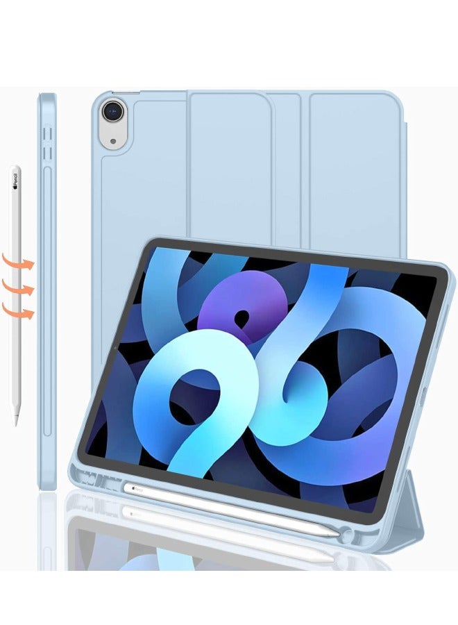 جراب واقٍ لجهاز iPad Air 5th Generation 2022 / iPad Air 4th Generation 2020 10.9 بوصة مع حامل أقلام رصاص ، يدعم معرف اللمس والاستيقاظ / النوم التلقائي ، جراب ذكي ثلاثي الطي (أزرق سماوي) - Image 2