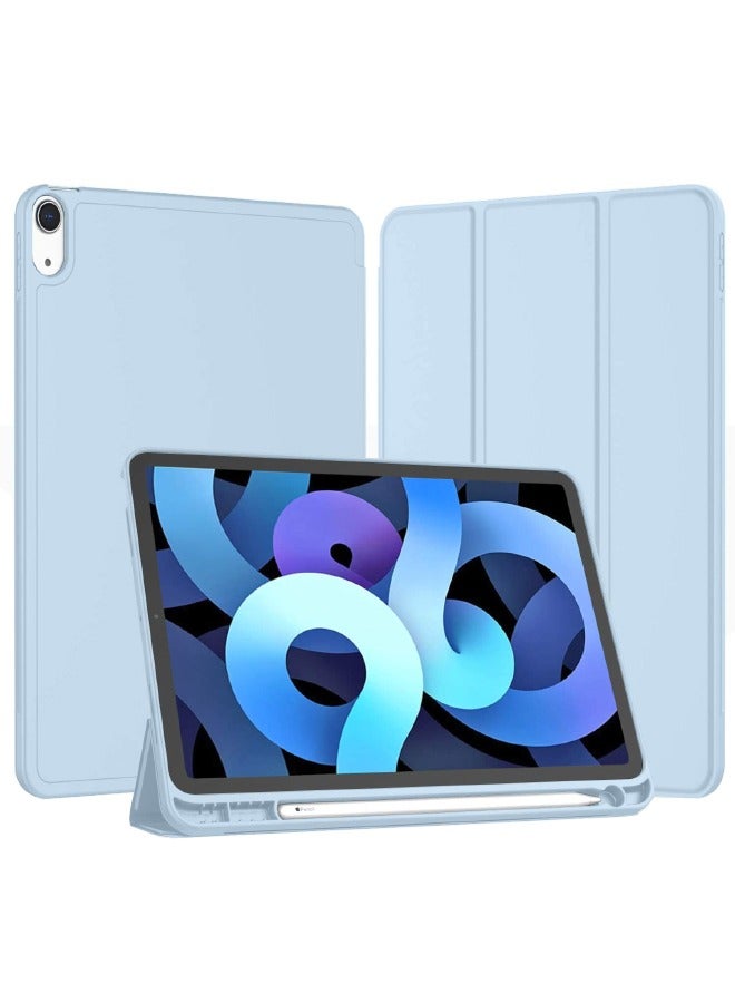 جراب واقٍ لجهاز iPad Air 5th Generation 2022 / iPad Air 4th Generation 2020 10.9 بوصة مع حامل أقلام رصاص ، يدعم معرف اللمس والاستيقاظ / النوم التلقائي ، جراب ذكي ثلاثي الطي (أزرق سماوي) - Image 1