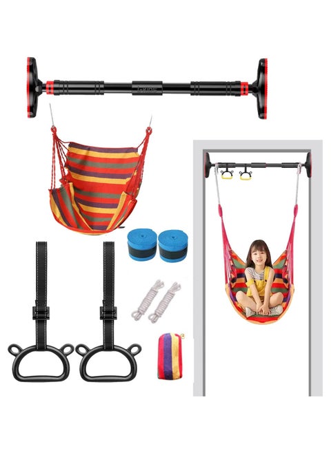 Doorway Pull Up Bar with Indoor Swing Trapeze Bar and Cartoon Gymnastic Rings for Kids Adults, No Screw Chin Up Bar with Locking Mechanism Used 100-150CM