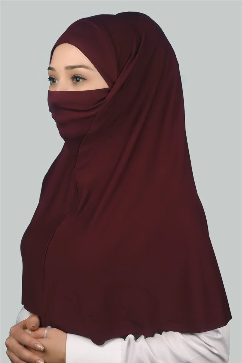 التوبة Ready-made Turban Practical Scarf with Veil Hijab with Nikap - Prayer Cover Soufflé (Xl) - Claret Red