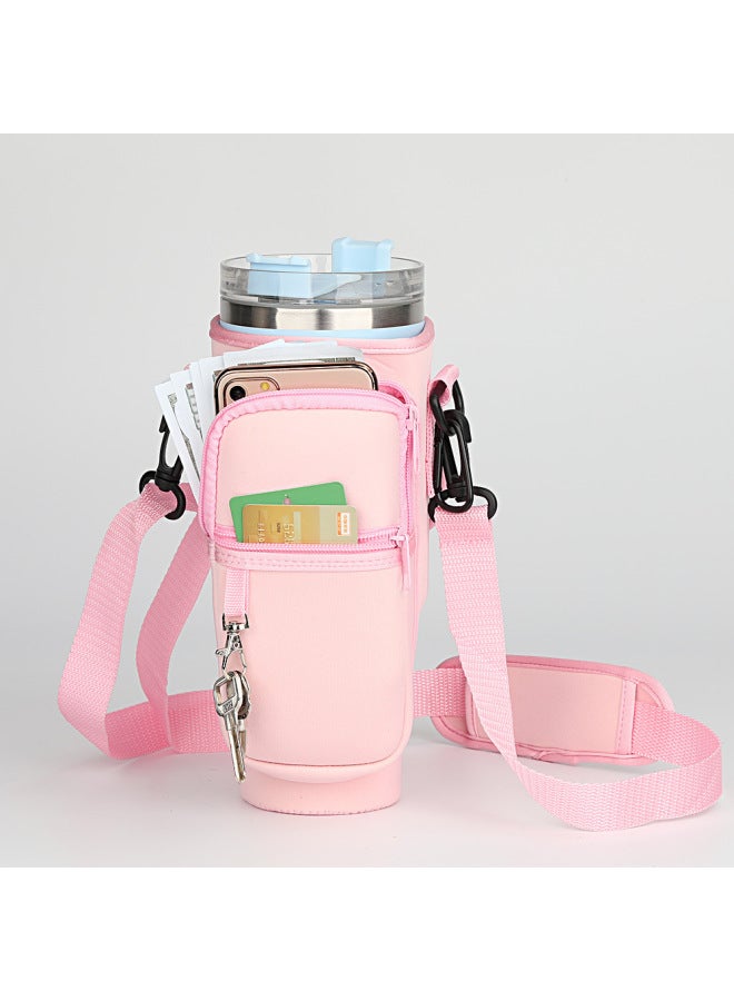 Pink 40oz Ice Cream Cup Cover Neoprene Water Bottle Cover Crossbody Shoulder Strap Adjustable Sports Water Bottle Cover