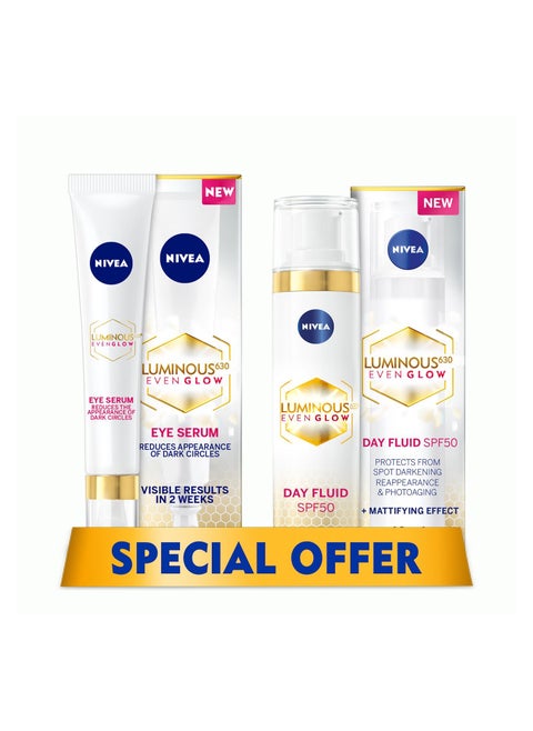 NIVEA LUMINOUS 630 EVEN GLOW Anti Dark Spot bundle Face Fluid SPF 50 UVA and UVB Sun Protection 40ml and Anti Puffy Eyes Serum 15ml