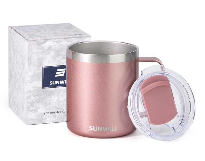 SUNWILL Travel Coffee Mug with Lid, Insulated Tumbler with Handle, 14 oz Stainless Steel Cup for Ice, Water, Tea, Rose Gold - Image 5
