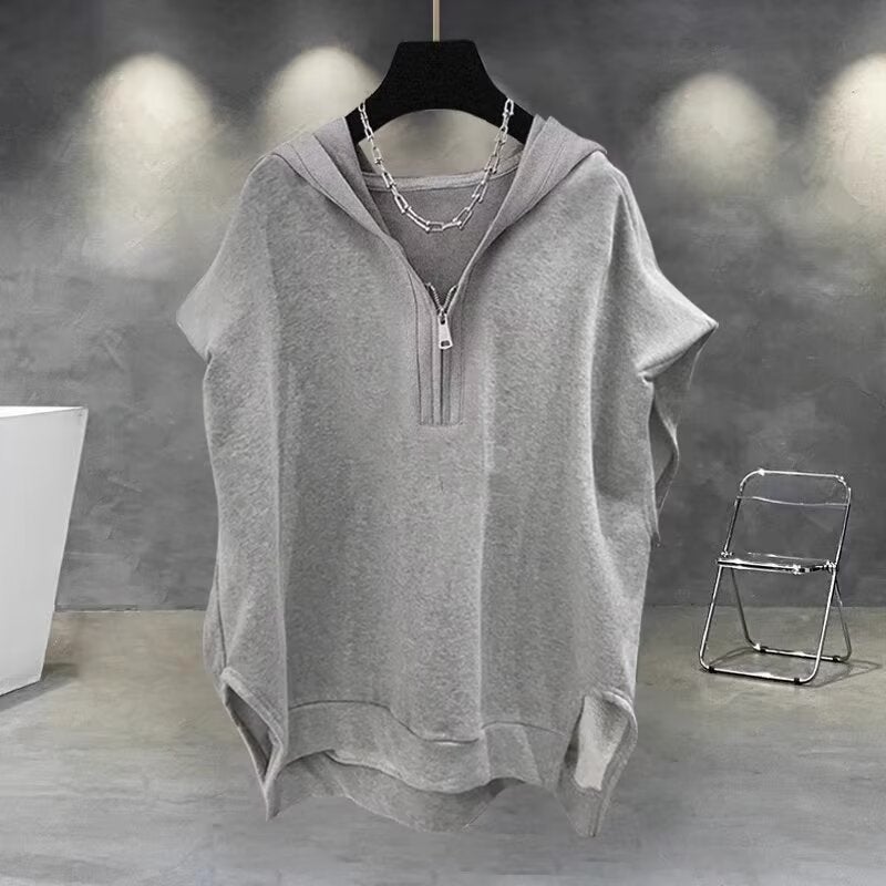 Waffles Hooded Solid Color Vest for Boys Summer Loose Ins Fashionable Sports Sleeveless T-Shirt Waistcoat Grey - Image 1