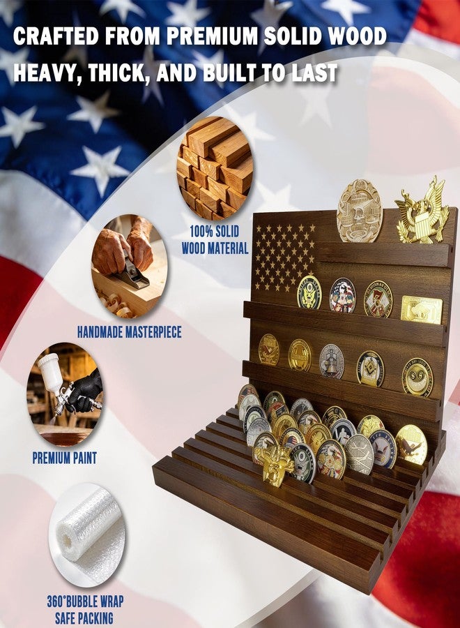 حامل عملات تذكارية، حامل عملات تذكارية، حامل عملات بـ 11 صفًا مع العلم الأمريكي، حامل عملات عسكرية من الخشب الصلب يتسع لـ 80-90 عملة، حامل عملات مكتبي لهواة الجمع (خشب الجوز) - Image 5