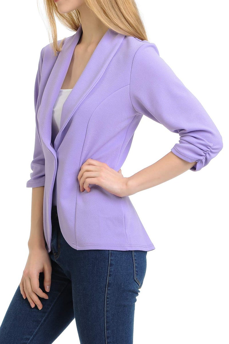 MINEFREE Women's 3/4 Ruched Sleeve Lightweight Work Office Blazer Jacket Lilac 1XL - Image 3