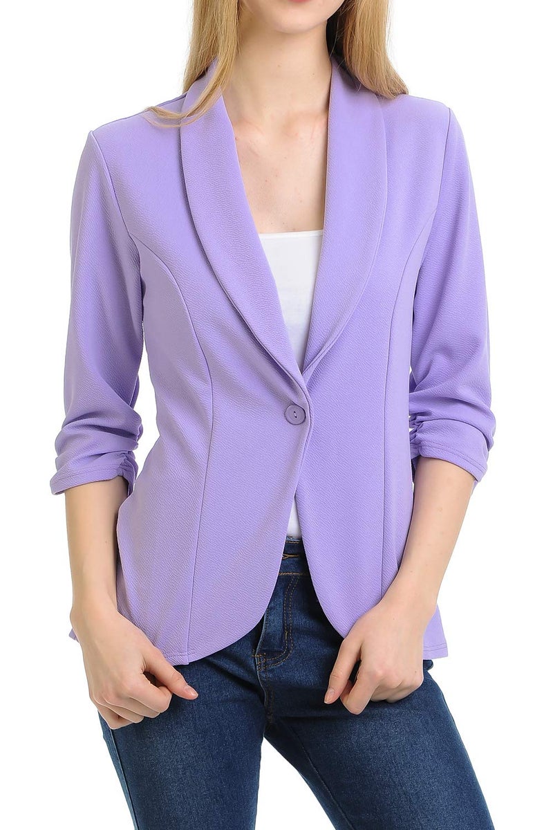 MINEFREE Women's 3/4 Ruched Sleeve Lightweight Work Office Blazer Jacket Lilac 1XL - Image 2