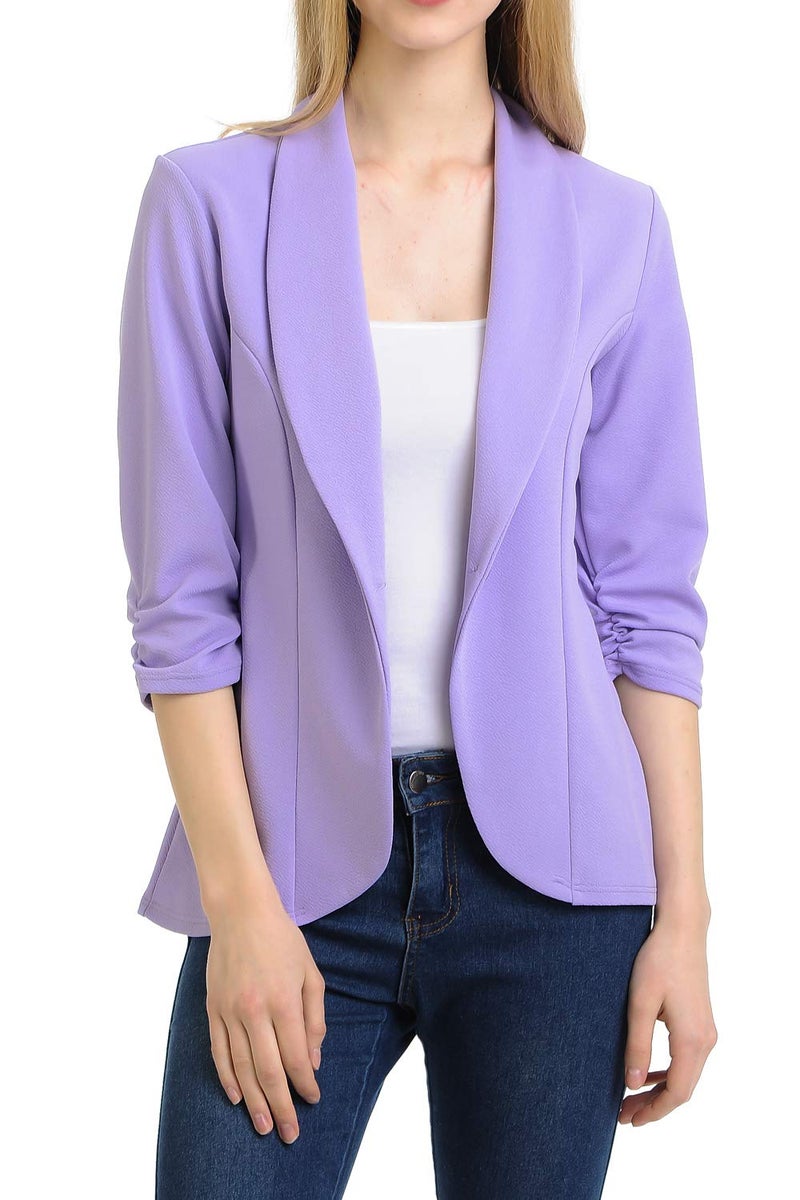 MINEFREE Women's 3/4 Ruched Sleeve Lightweight Work Office Blazer Jacket Lilac 1XL - Image 1