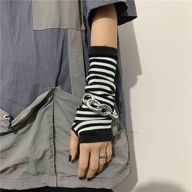 Rainbow Striped Sleeve Gloves Cotton Warmth Black and White 