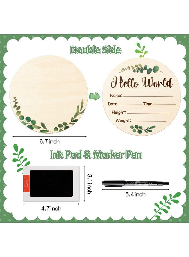 R HORSE Baby Birth Announcement Sign With Marker Pen, Wooden Baby Birth Sign With Ink Pad For Baby Hand And Footprints, Double-Sided Greenery Eucalyptus Announcement Sign For Baby Shower Birthday Gift - Image 2