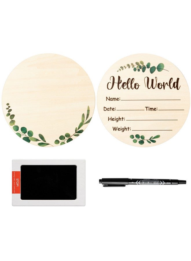 R HORSE Baby Birth Announcement Sign With Marker Pen, Wooden Baby Birth Sign With Ink Pad For Baby Hand And Footprints, Double-Sided Greenery Eucalyptus Announcement Sign For Baby Shower Birthday Gift - Image 1