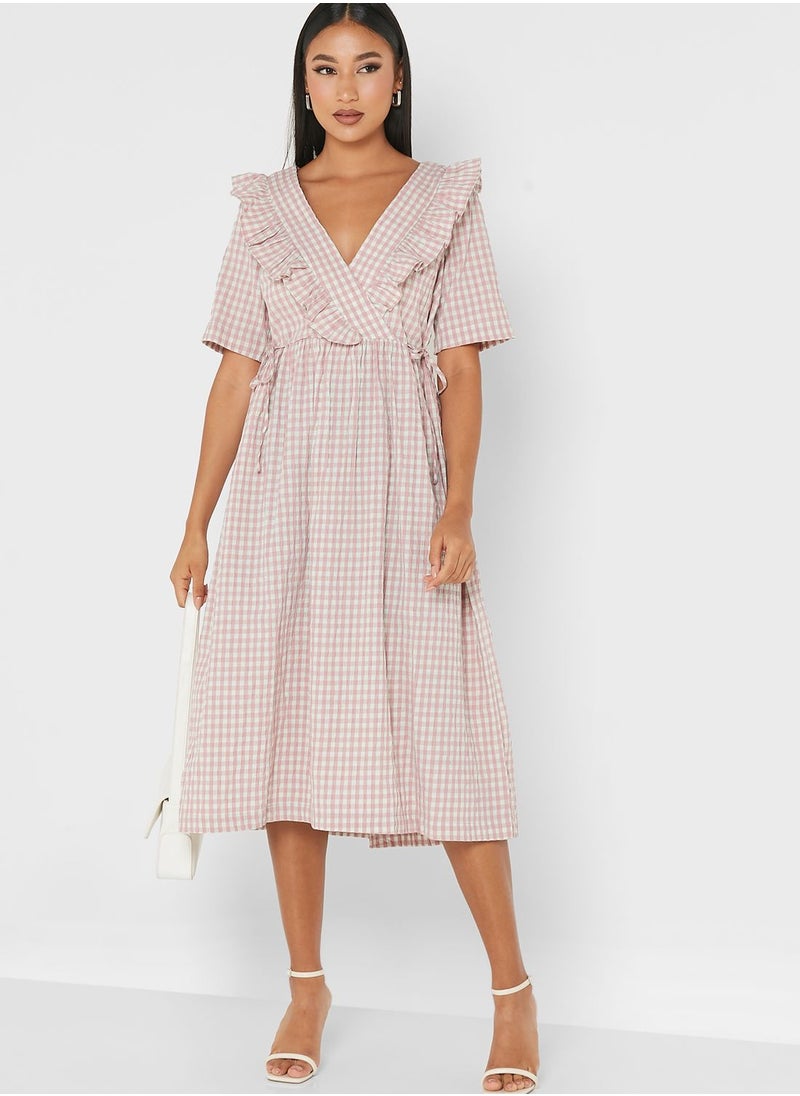YAS - Surplice Neck Checked Dress - Image 1