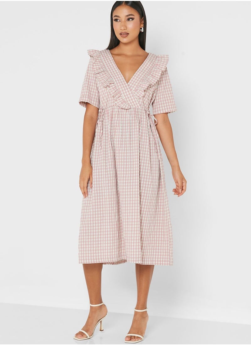 YAS - Surplice Neck Checked Dress - Image 1