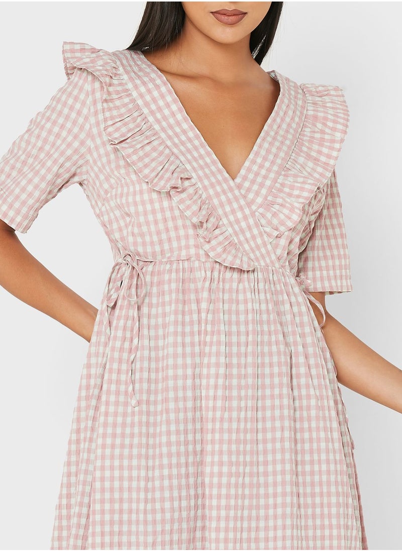 YAS - Surplice Neck Checked Dress - Image 1