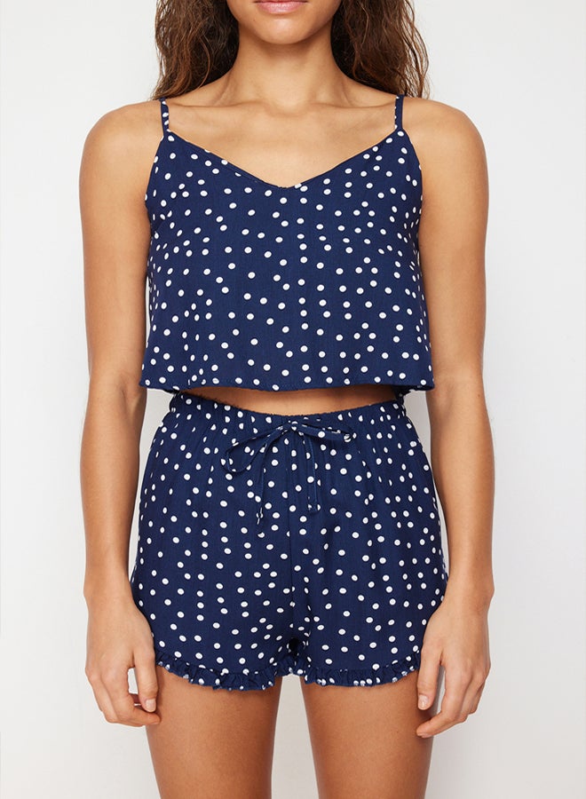 trendyol Navy Blue Polka Dot Ruffle Detail Woven Pajama Set with Rope Strap Viscose Shorts  - Image 4
