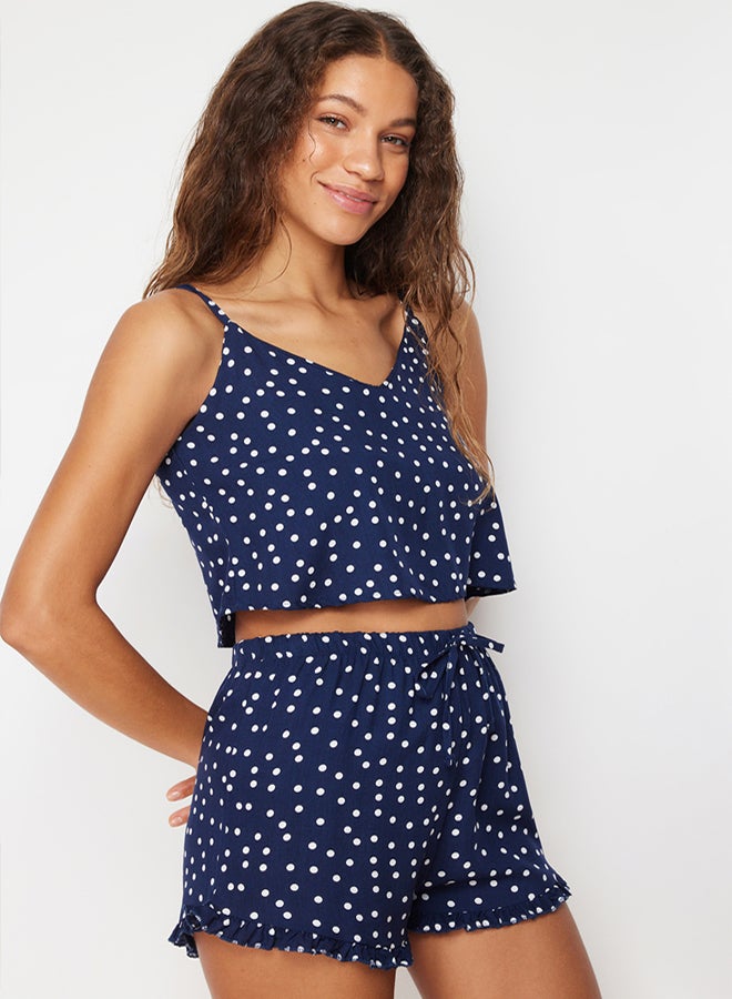 trendyol Navy Blue Polka Dot Ruffle Detail Woven Pajama Set with Rope Strap Viscose Shorts - Image 4
