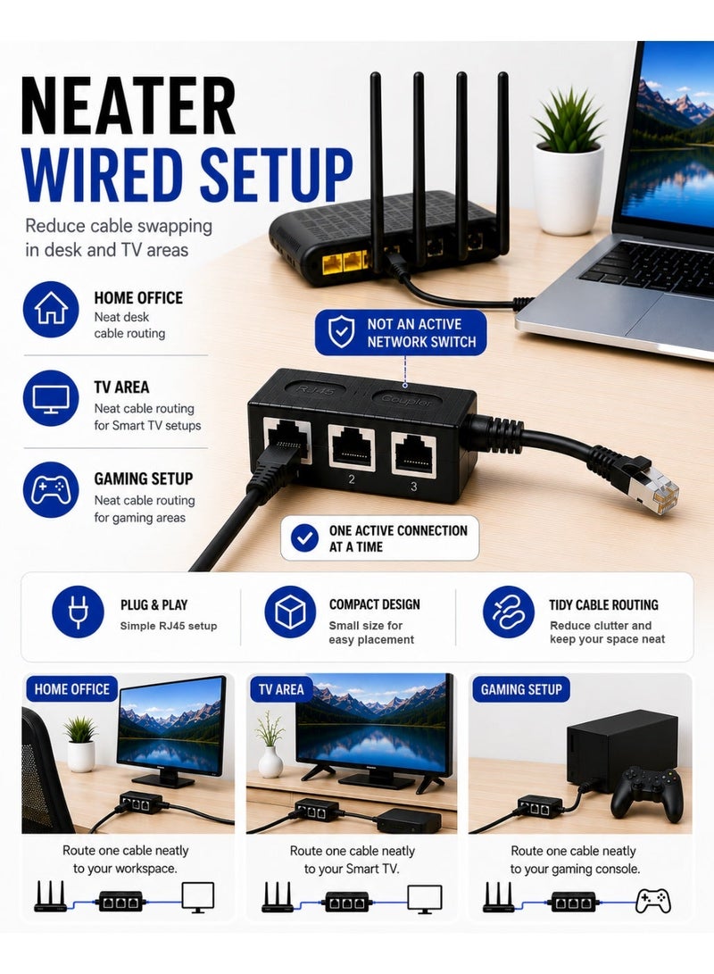TP-BRIDGE 3 Female Ports RJ45 Ethernet Splitter 1 to 3 for Routers and Smart TVs - Black - Image 4