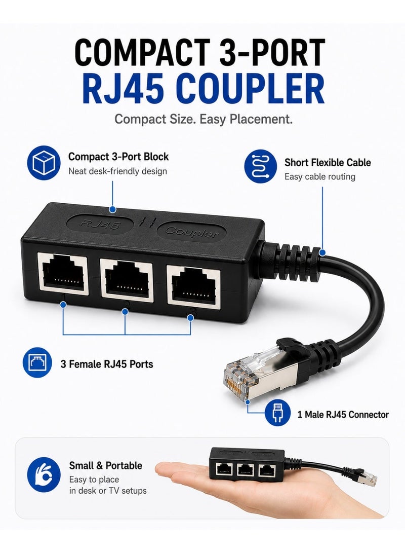 TP-BRIDGE 3 Female Ports RJ45 Ethernet Splitter 1 to 3 for Routers and Smart TVs - Black - Image 3