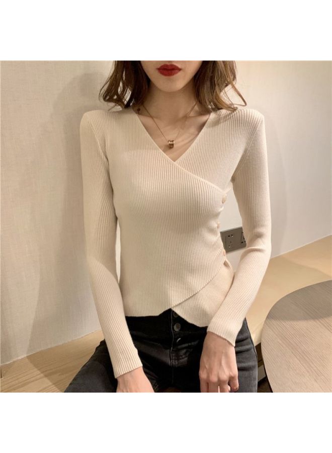 2024 Spring And Autumn New V-Neck Cross Base Shirt Slim-Fit Long-Sleeved Wool Knitted Shirt Pullover Inner Top Women's Ins Trendy