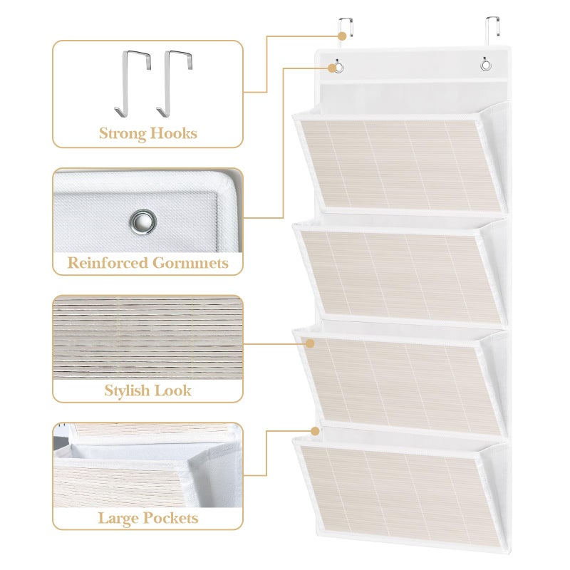 homyfort hanging wall file organizer, Over the door file folder organizer with 4 Large Bamboo Pockets, Suitable for Home, Office, Back to School Supplies Storage and Organization (White) - Image 3