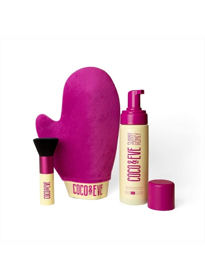 COCO & EVE Sunny Honey Bali Bronzing Bundle (Medium). All Natural Sunless Tanning Mousse. Instant Self Tanning Lotion with Bronzer, Mitt Applicator and Kabuki Brush.  - Image 1