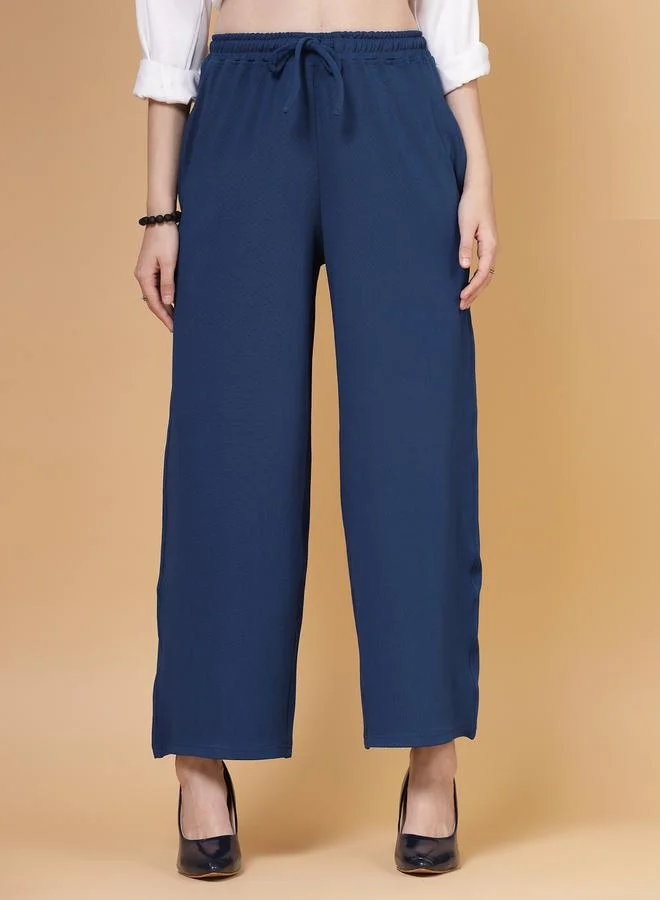 بوز PAUSE Women Blue Solid Drawstring Waist Wide Leg Pants