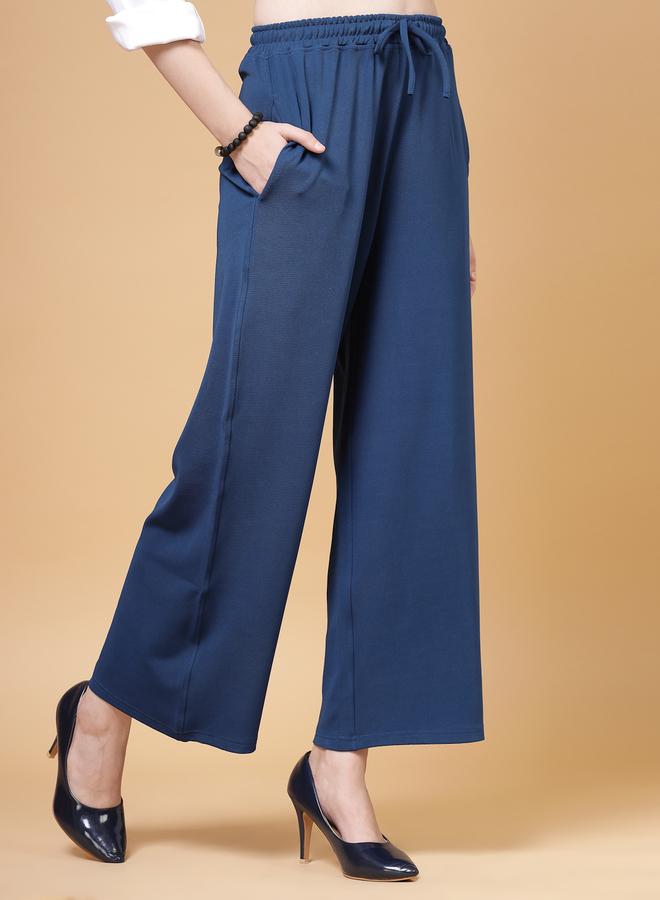 PAUSE PAUSE Women Blue Solid Drawstring Waist Wide Leg Pants - Image 3
